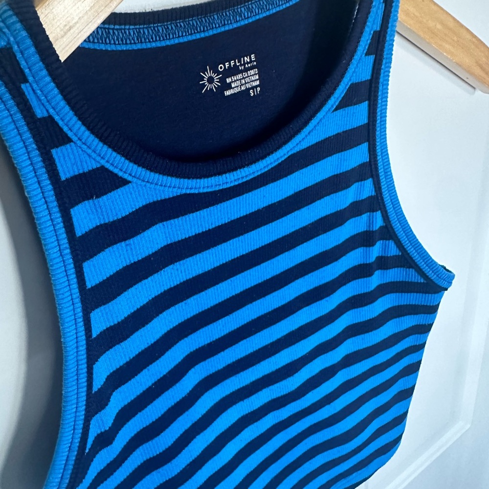 OFFLINE by Aerie Blue & Black Striped Ribbed Cropped Tank Top - Size Small (S/P) - Picture 3 of 4